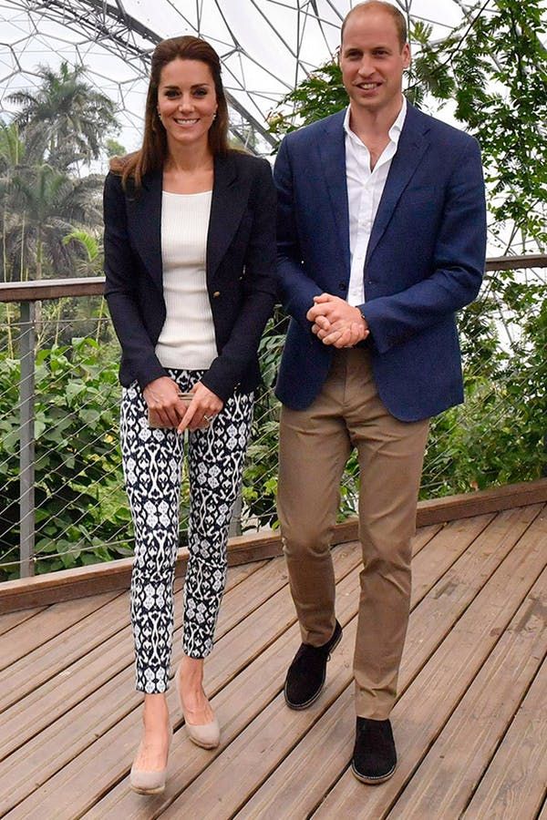 white tee with printed trousers- affordable budget Kate Middleton